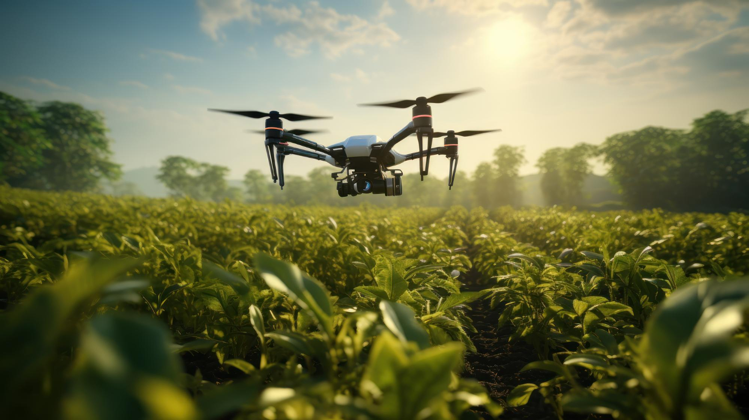 Drone volando sobre un campo de cultivo al amanecer, aplicando tratamiento a las plantas.