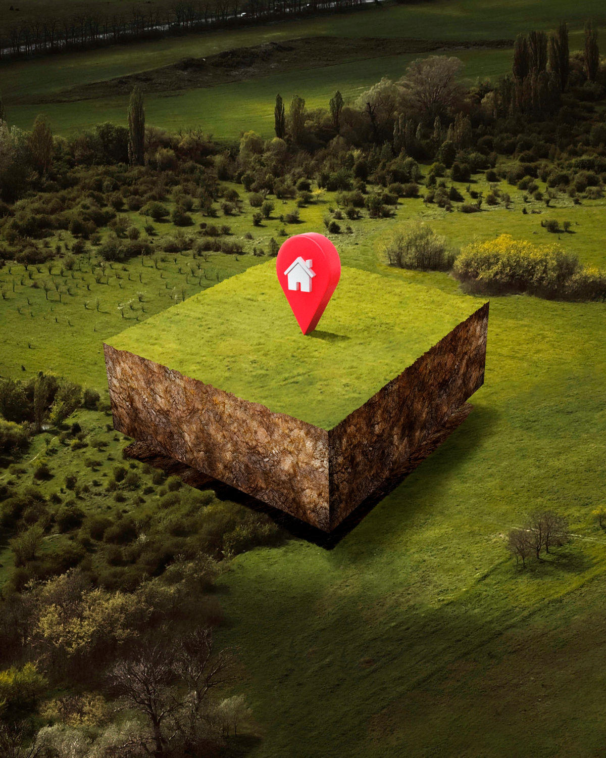 Imagen surrealista de un campo con un bloque de tierra flotante marcado con un pin de ubicación