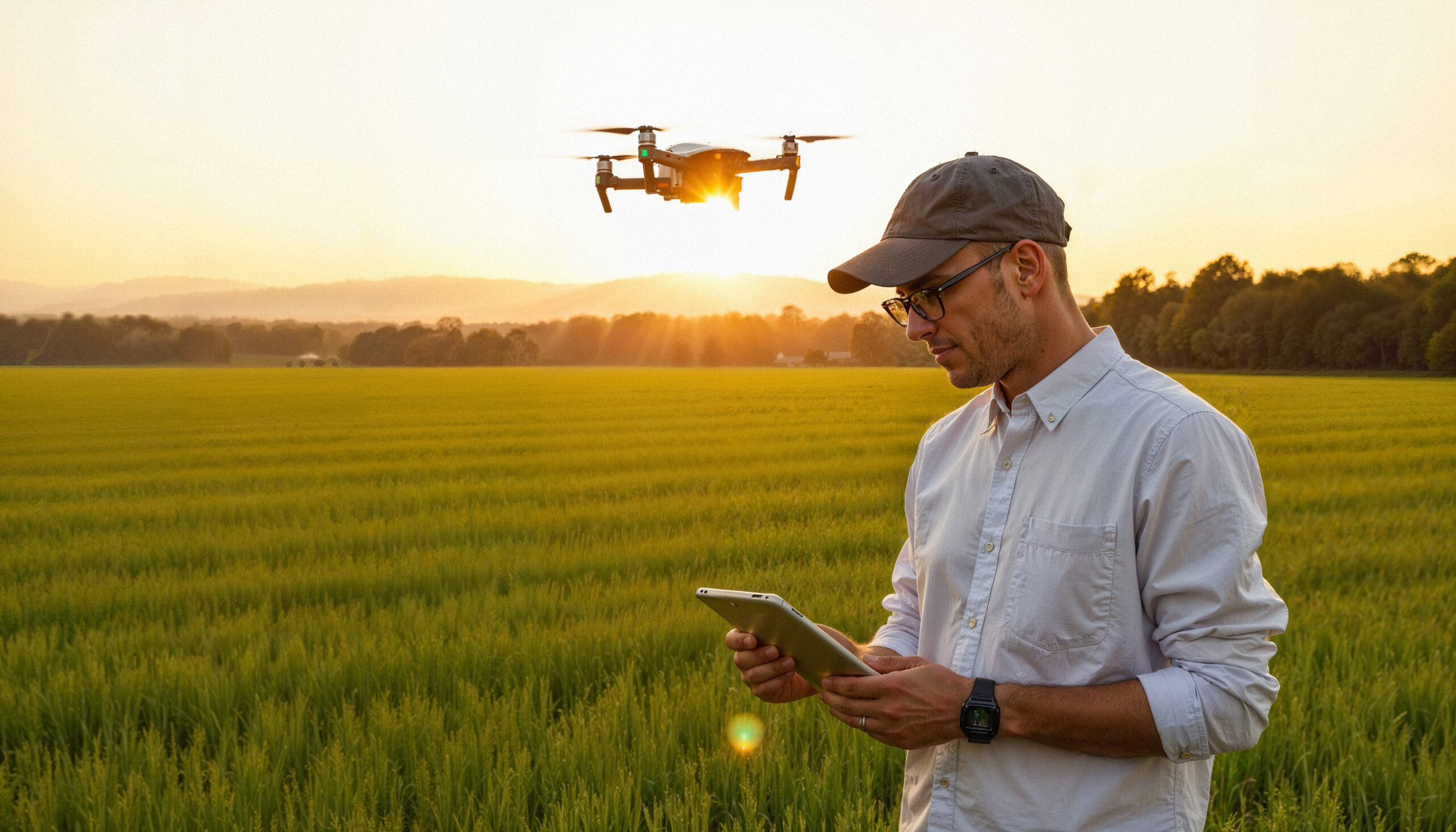 Técnico agrícola operando un dron en un campo de cultivo al atardecer, utilizando una tablet para monitoreo de datos.