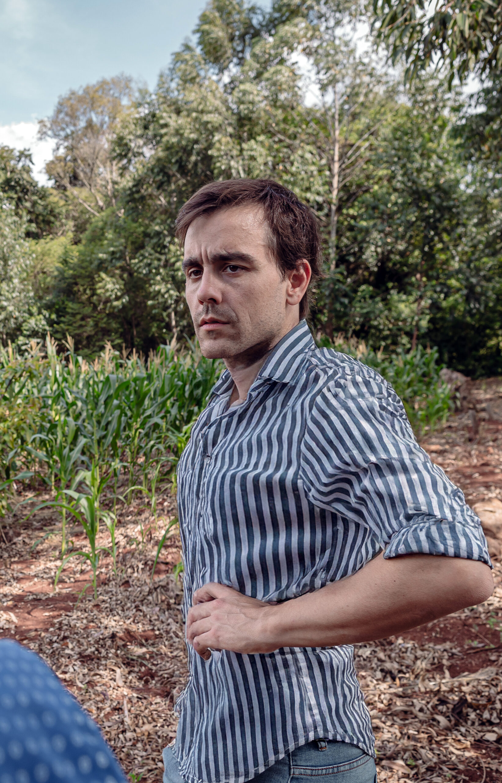 Hombre de camisa a rayas en campo de maíz, rodeado de árboles y suelo rojizo.