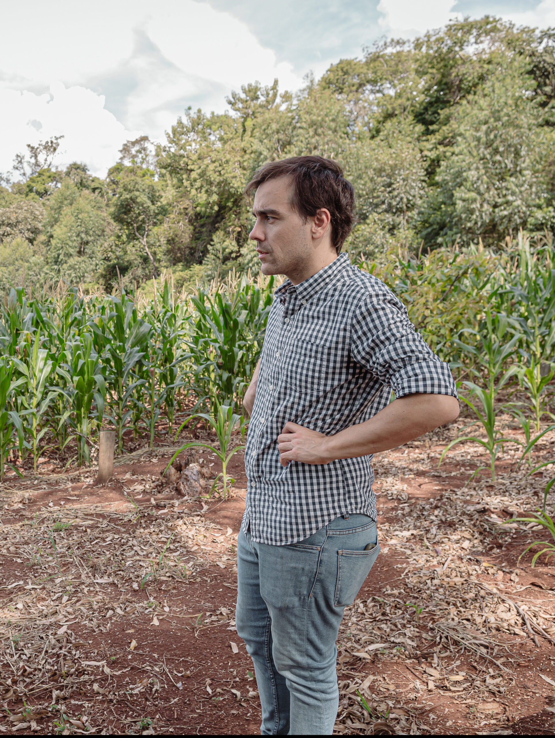 Productor observando su cultivo de pepinos en un campo orgánico rodeado de vegetación.