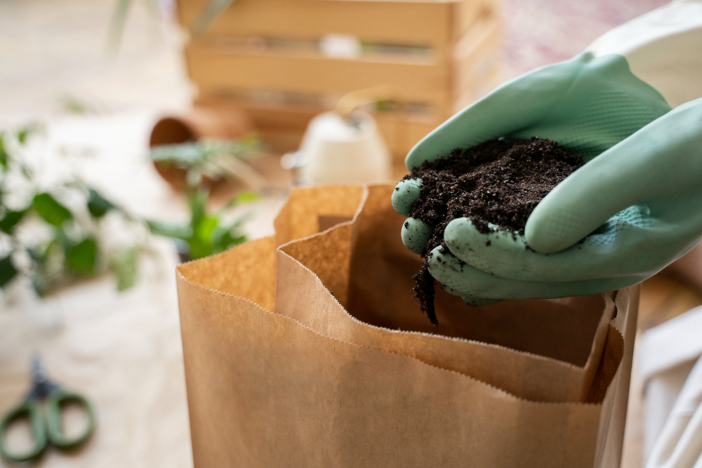 Manos con guantes sostienen compost oscuro y lo incorporan en una bolsa para su uso como enmienda orgánica.